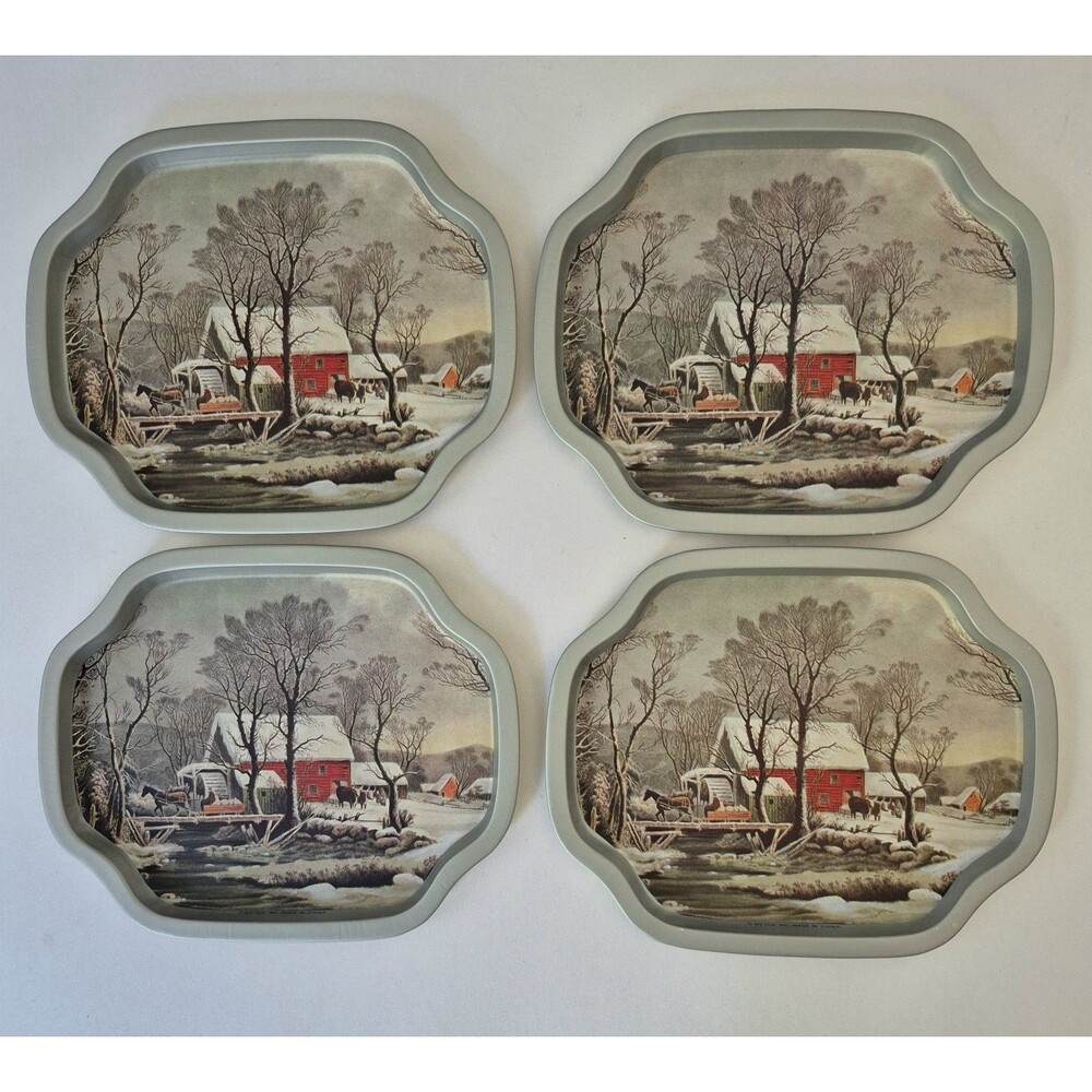 Currier & Ives VTG Metal Old Grist Mill Winter Barn Snack Serving Tray Set of 4
